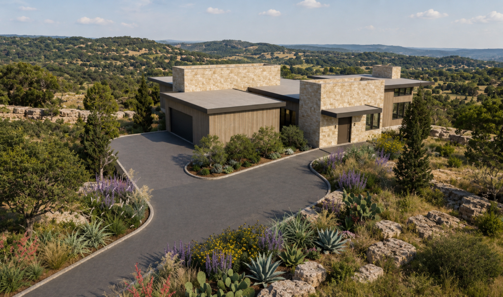 Modern luxury home to be built on over an acre in Dripping Springs, Texas, featuring contemporary Hill Country architecture and panoramic 180 degree Hill Country views