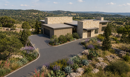 Modern luxury home to be built on over an acre in Dripping Springs, Texas, featuring contemporary Hill Country architecture and panoramic 180 degree Hill Country views
